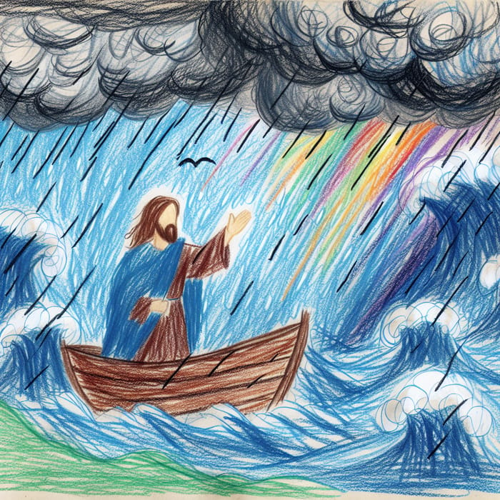 3-Year-Old Crayon Drawing Depicting Jesus Calming a Storm