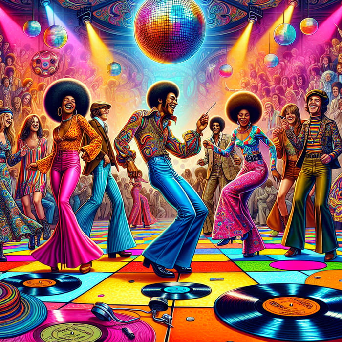 Funky Fresh 1970s Dance Floor with Colorful Mirror Balls