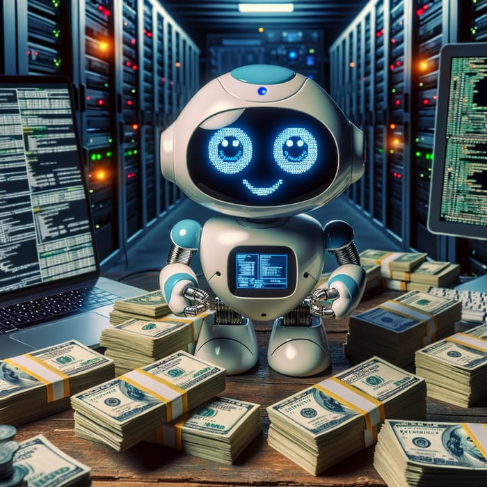 Charming LCD Robot Counting Currency in Dimly-lit Basement
