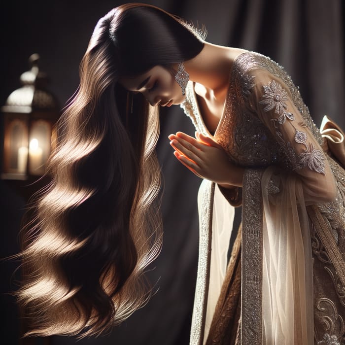 Elegant Princess with Long Hair in Beautiful Gown