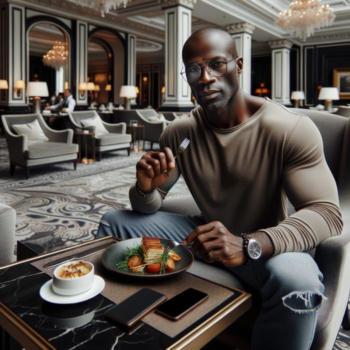 Elegant Black American Man Dining in Luxury Hotel with Smartphones