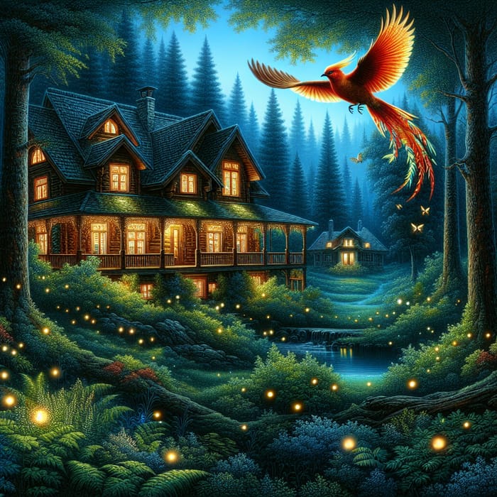 Cozy Wooden House in Enchanted Forest - Night with Phoenix and Fireflies