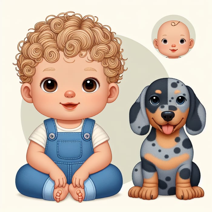 Adorable Curly-Haired Baby & Dachshund Dog | Child-Friendly Disney Pixar Illustration