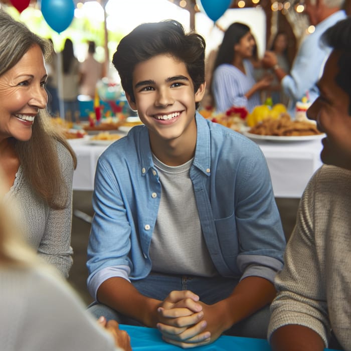 Smiling Hispanic Boy Chatting with Guests at Party