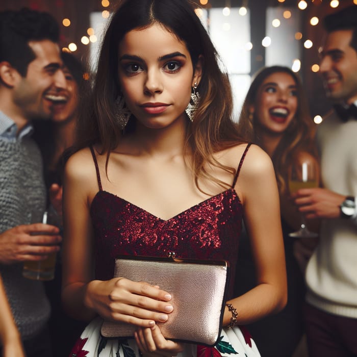 Hispanic Woman Arriving at Party with Uncertain Expression | Insecure Face