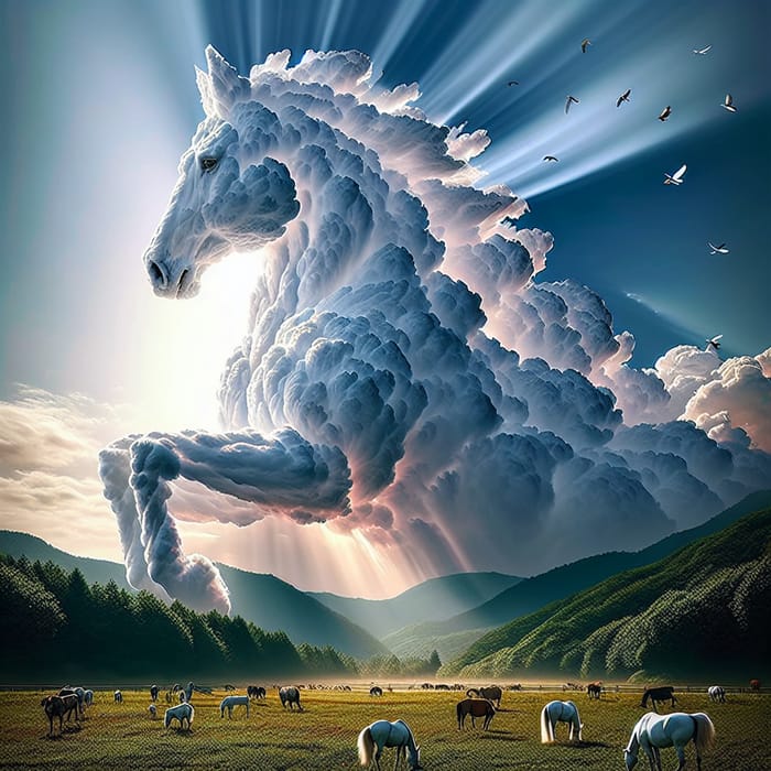 Hyper-Realistic White Stallion: Majestic Cloudscape with Animals in Ultra HD 8K