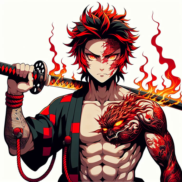 Intense Anime Swordsman with Flaming Katana | Red Hair, Tattoos