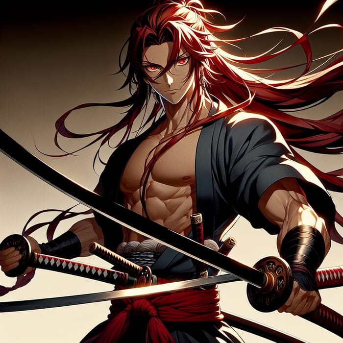 Muscular Anime Swordsman | Red-Haired Dual Katana Warrior