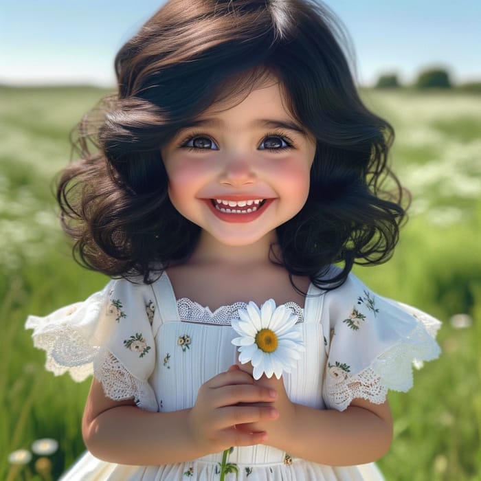 Adorable Middle Eastern Girl in White Dress with Daisy in Sunny Field