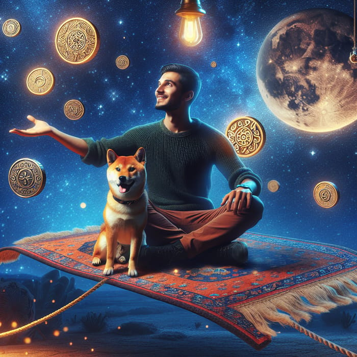Ancient Persian Prince on Magic Carpet with Shiba Inu - Crypto Coin Adventure