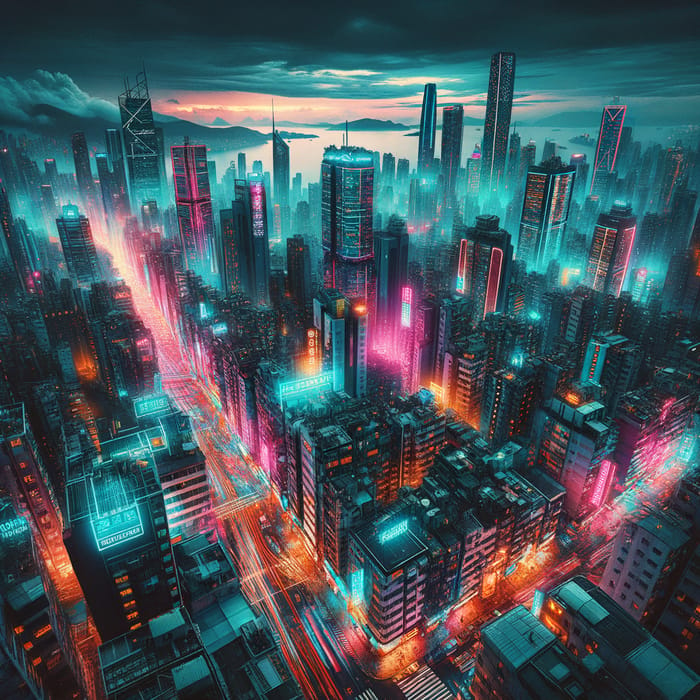 Neon Cyberpunk Cityscape - Bustling Streets & Dystopian Society