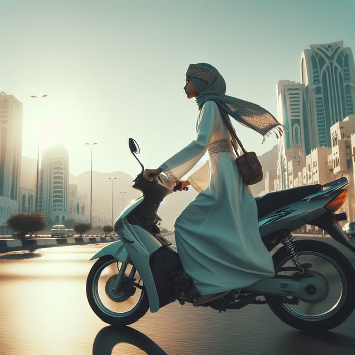 Omani Girl Riding Motor Bike in Traditional Attire