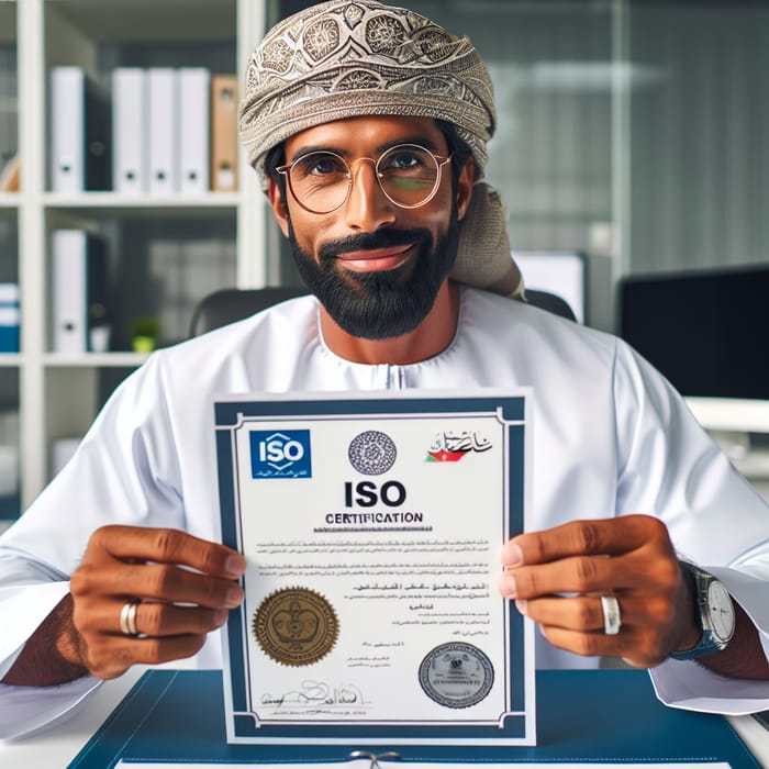 Proud Omani Businessman Receives ISO Certification in Traditional Attire