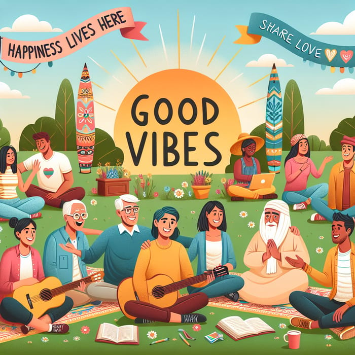 Good Vibes Only: Diverse Group Embracing Positivity in Peaceful Park