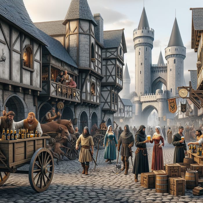 Medieval Cityscape with Crafted Beer, Warriors, Beautiful Women, Wooden Carts, Castles, and More