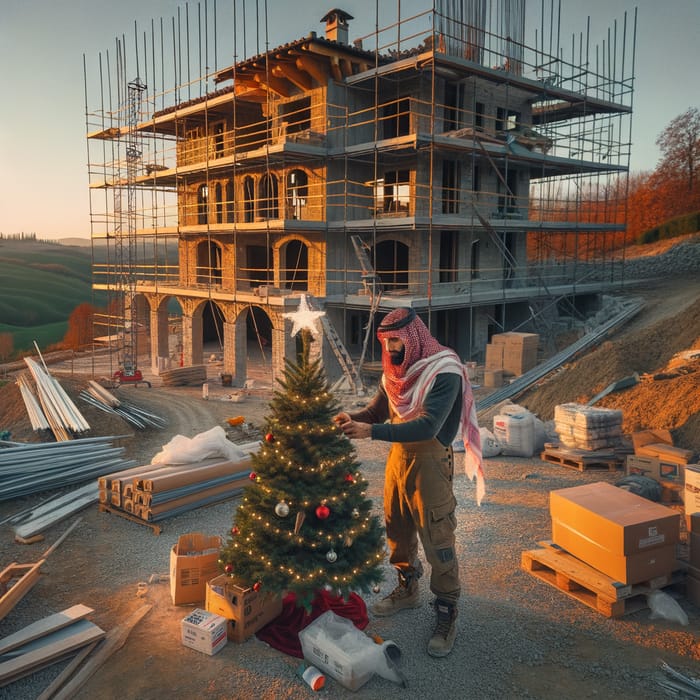 Man Decorating Christmas Tree at Tuscan Villa Construction Site