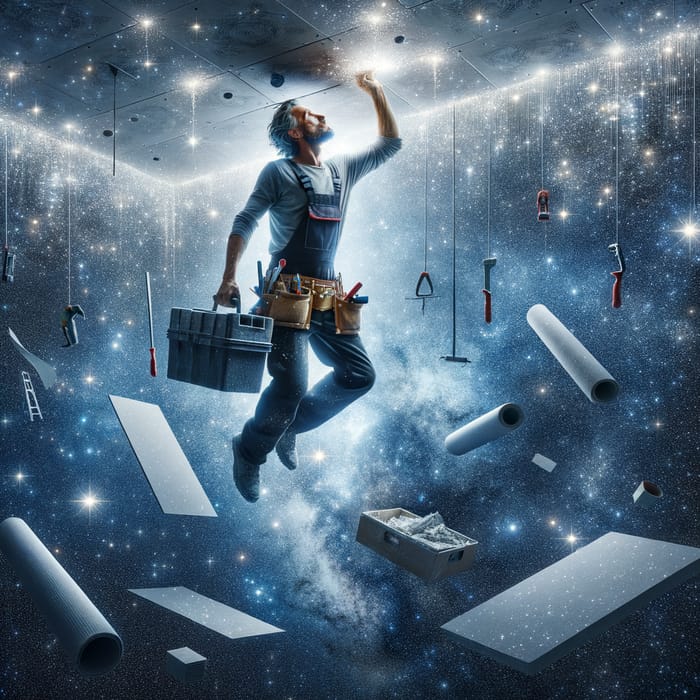Starry Night Sky Construction: Man Mounting Drywall