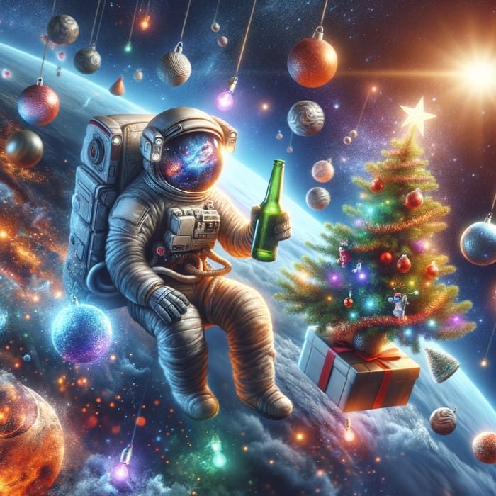 Astronaut Celebrating Christmas in Space with Beer