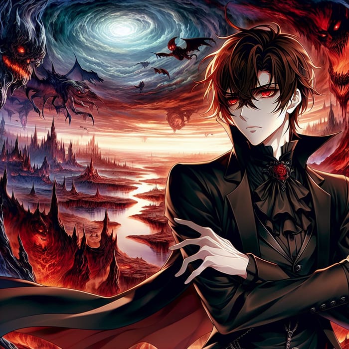 Dark Attire Man With Haunting Red Eyes in Anime-Styled Scene