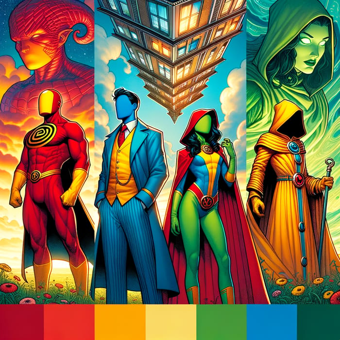 Colorful Comic Book Cover with Four Characters and an Upside-Down House