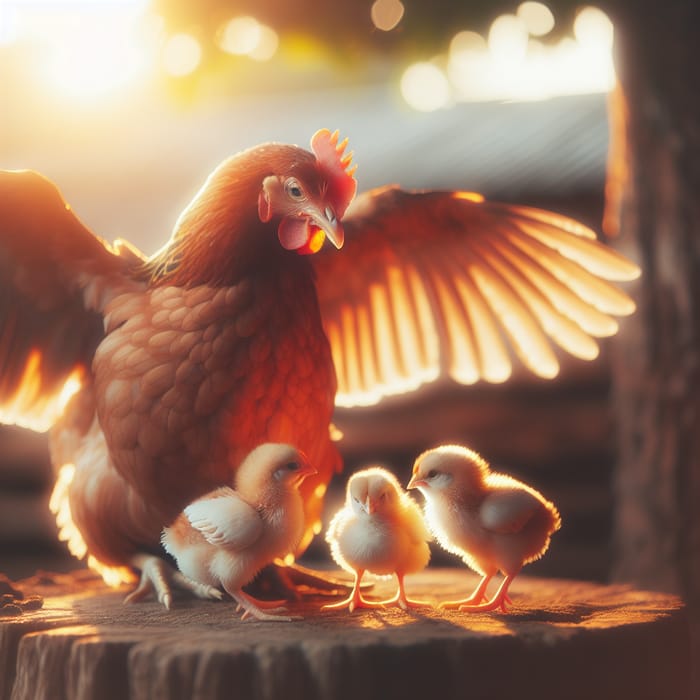 Tender Mother Hen and Chicks: Warm Rural Scene | Close-up Nurturing