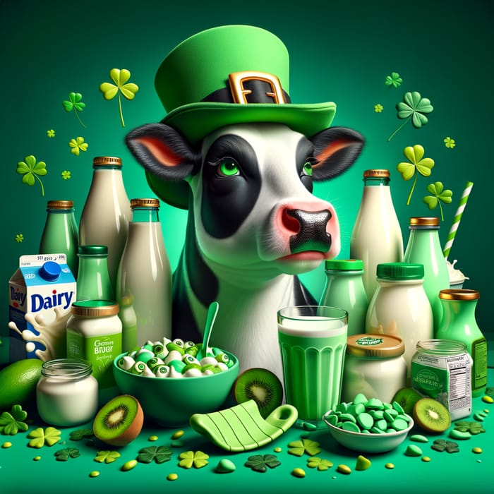 Whimsical Cow in Leprechaun Hat with Green-Themed Dairy Products