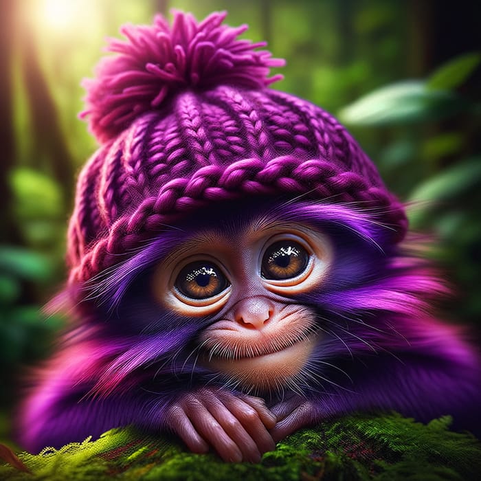 Purple Monkey with Bobble Hat in Lush Forest