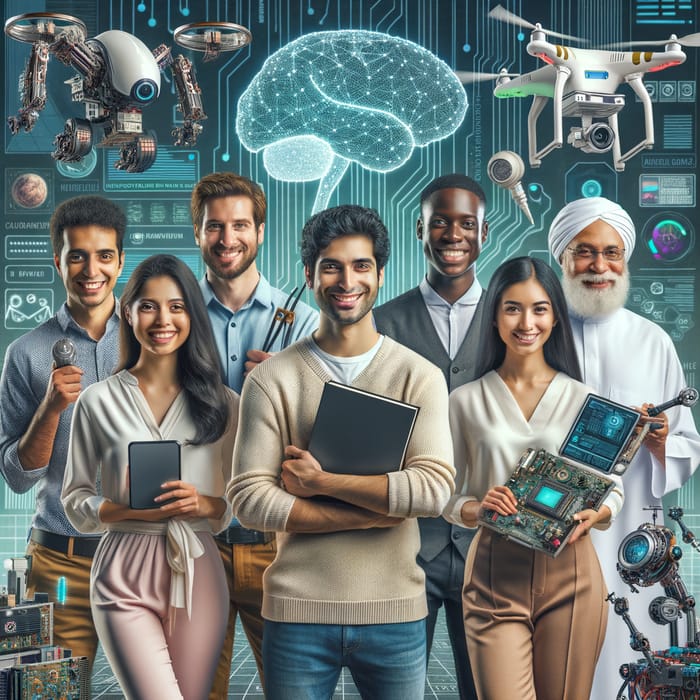 Diverse Team Poses with Innovative AI Background | Corporate Social Media