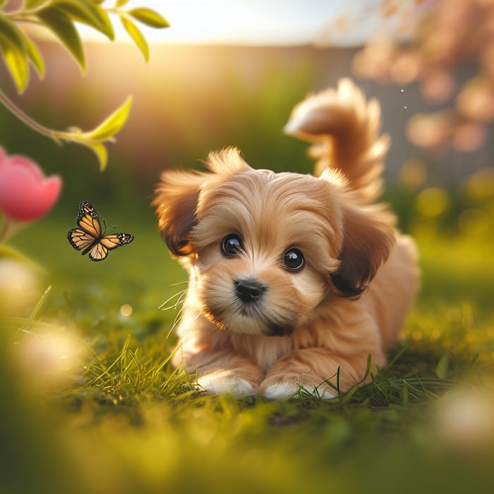 Adorable Small Breed Puppy Chasing Butterfly