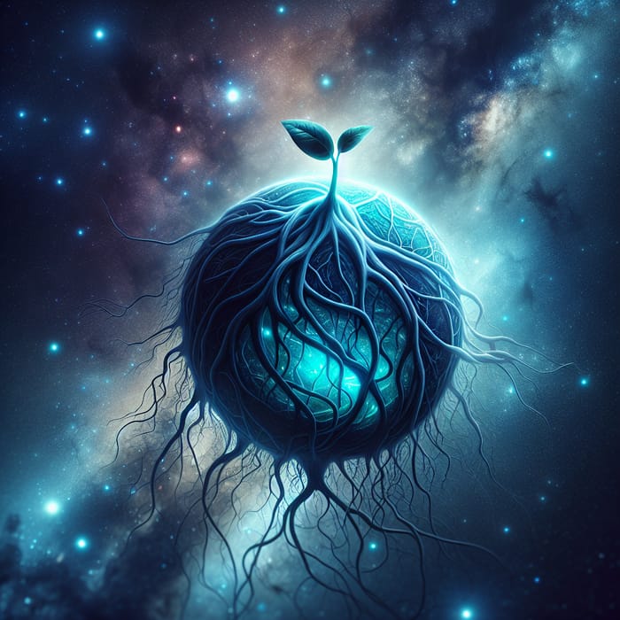 Luminous Blue Sphere with Celestial Roots & Sprouts