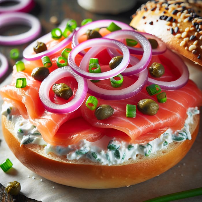 Delicious Salt Bagel with Lox, Chive Cream Cheese, Capers, and Onions