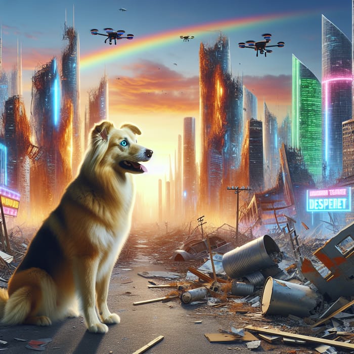 Resilient Golden Dog in Futuristic Cityscape After Catastrophe