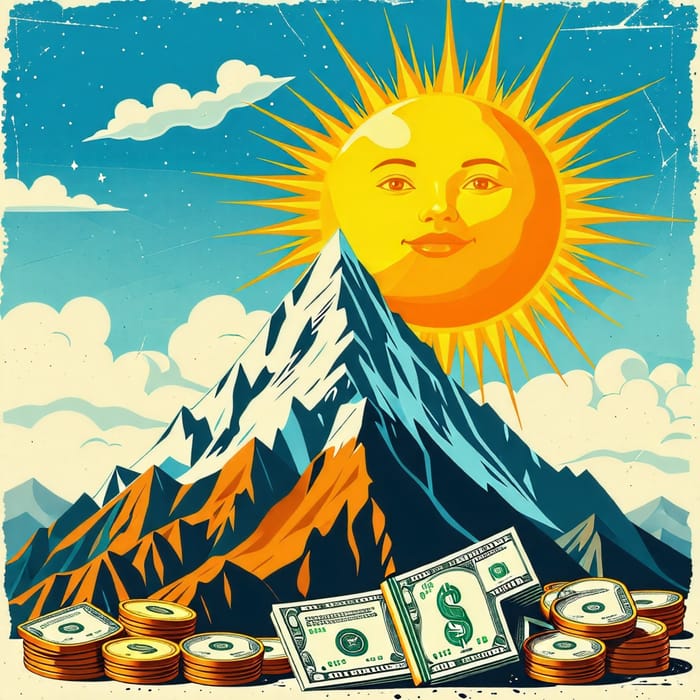Sun and Mountain with Money: Illustrating Growth and Wealth