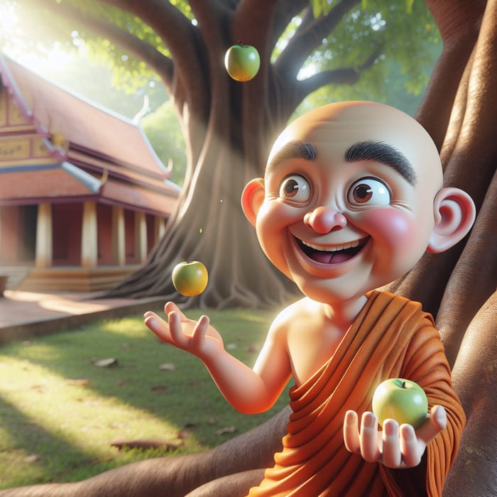 Comical South Asian Monk Juggling Apples - Cheerful Scene