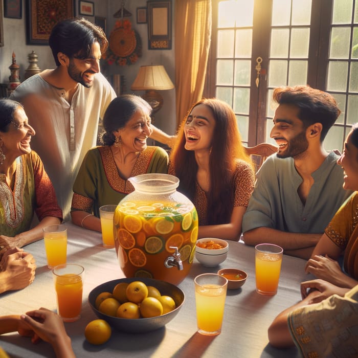 Authentic Indian Family Relaxing with Aam Pana Drink at Home