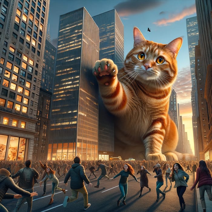 Giant Cat Playfully Swatting Skyscrapers in City