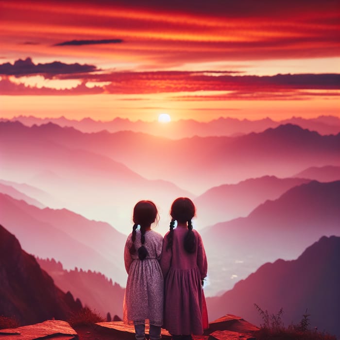 5-Year-Old Indian Girls Holding Hands on Mountain at Sunrise