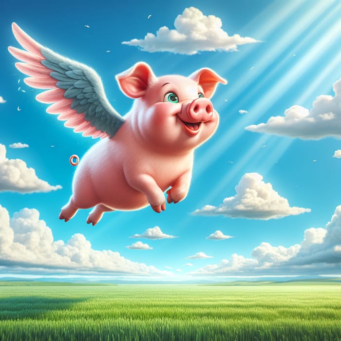 Chubby Flying Pig in Blue Sky - Magical Soaring Image