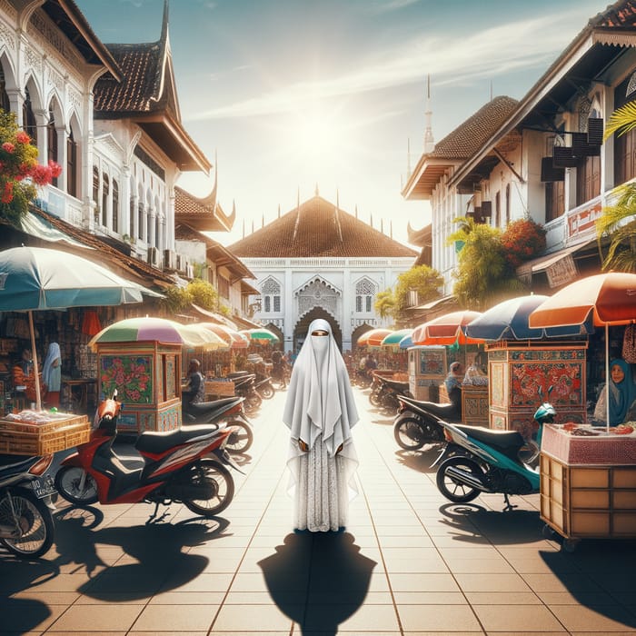 Muslim Girl in White Hijab Amidst Vibrant Indonesian Town Scene
