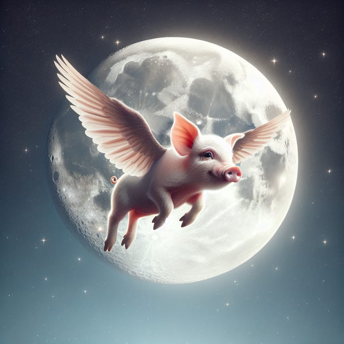 Flying Pig in Moonlight - Enchanting Nighttime Scene with Soaring Piglet