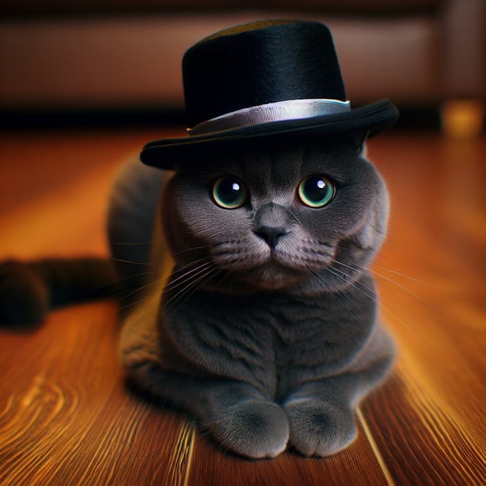 Gray Cat with Miniature Top Hat Sitting on Wooden Floor