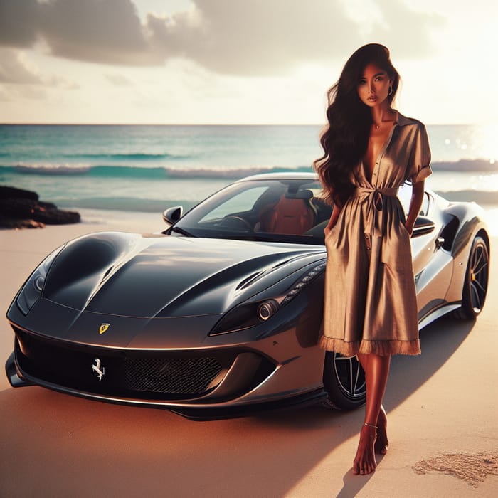 Stunning South Asian Girl with Ferrari 812 on Beach Sunset Scene