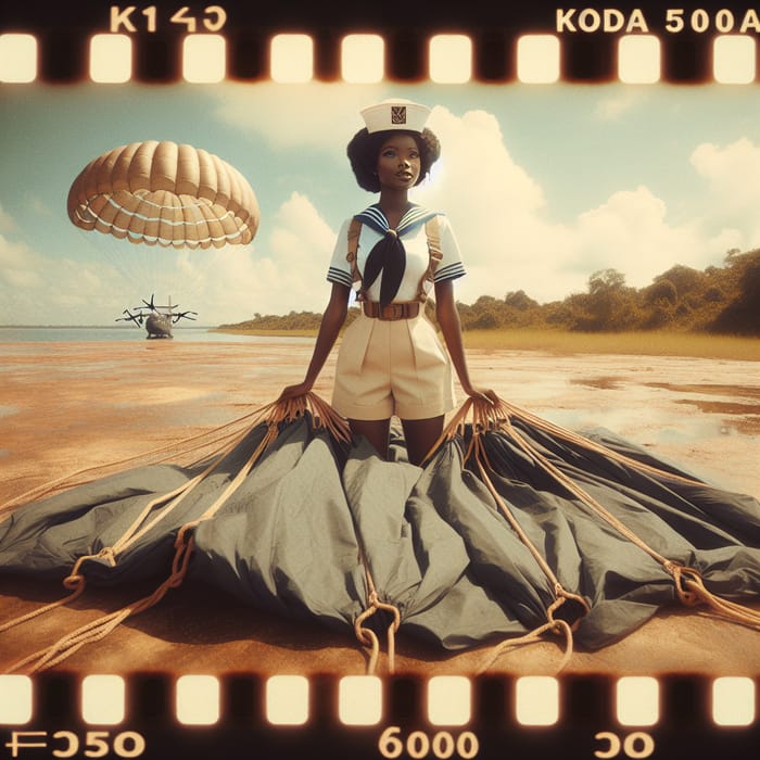 Teen African Girl in Nautical Style on Parachute | Vintage Kodak Film