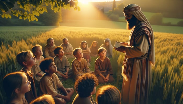 Serene Religious Figure Engaging with Diverse Children in Green Field