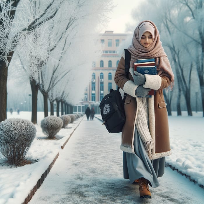 Muslim Student in Winter: Modest Attire in Snowy Landscape