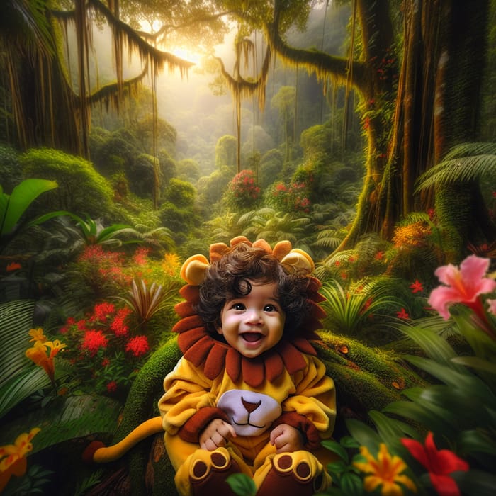 Curly-Haired Baby Boy in Lion Costume Explores Enchanted Jungle