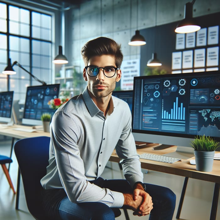 Tall Caucasian Man with Glasses in Digital Marketing Office
