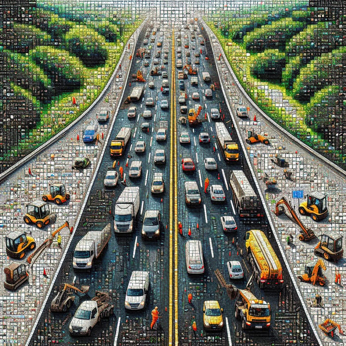 VIATOP: Road Mosaic with Trucks, Asphalt & Green Background