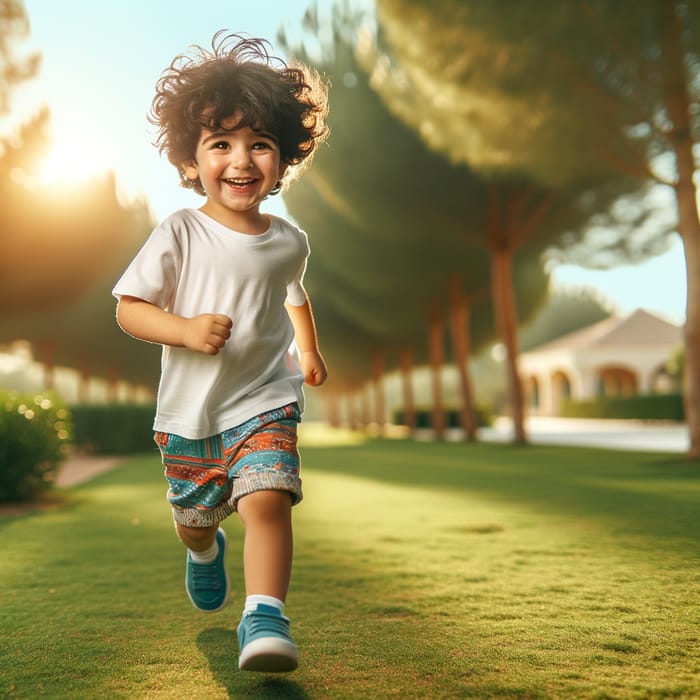 Happy Young Boy Running in Vibrant Park | Lively Child Playing Outdoors