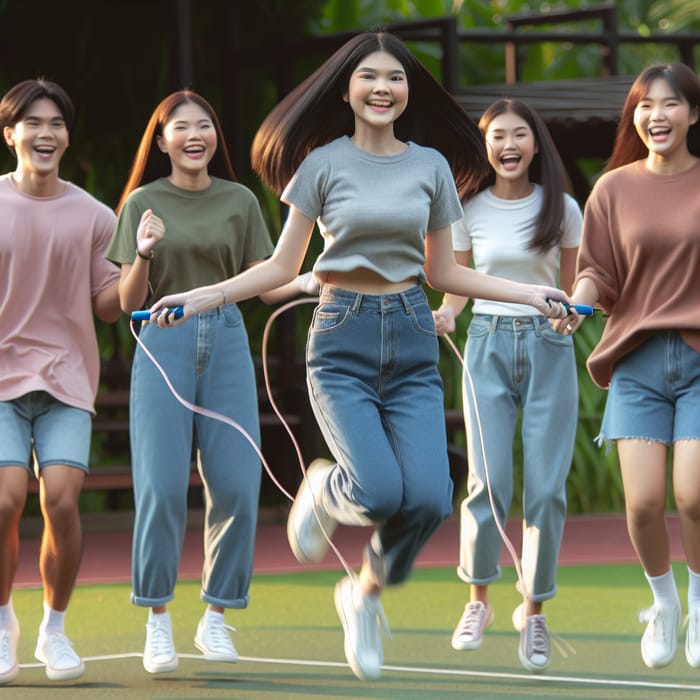 Asian Girl Trang Jumping Rope with Friends in Local Park